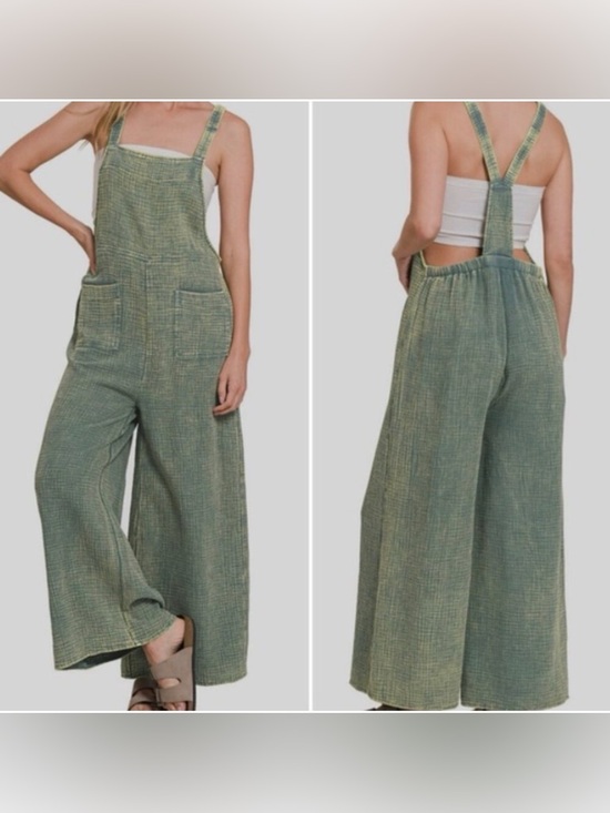 Zenana Outfitters Pants - Zenana Green Double Gauze Cotton Wide Leg Overalls Jumpsuit Boho Medium NWT